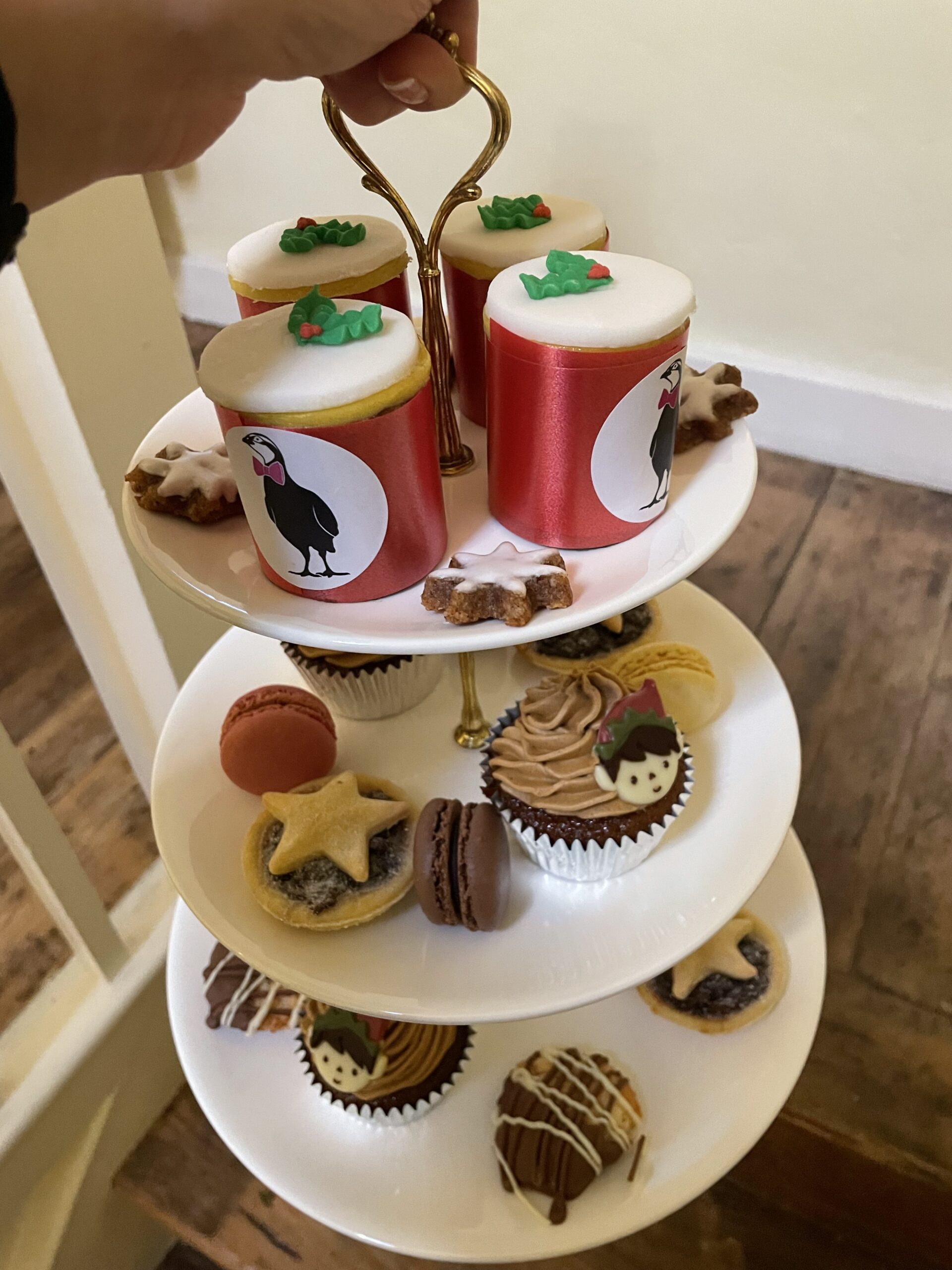 Tier of plates with Christmas desserts