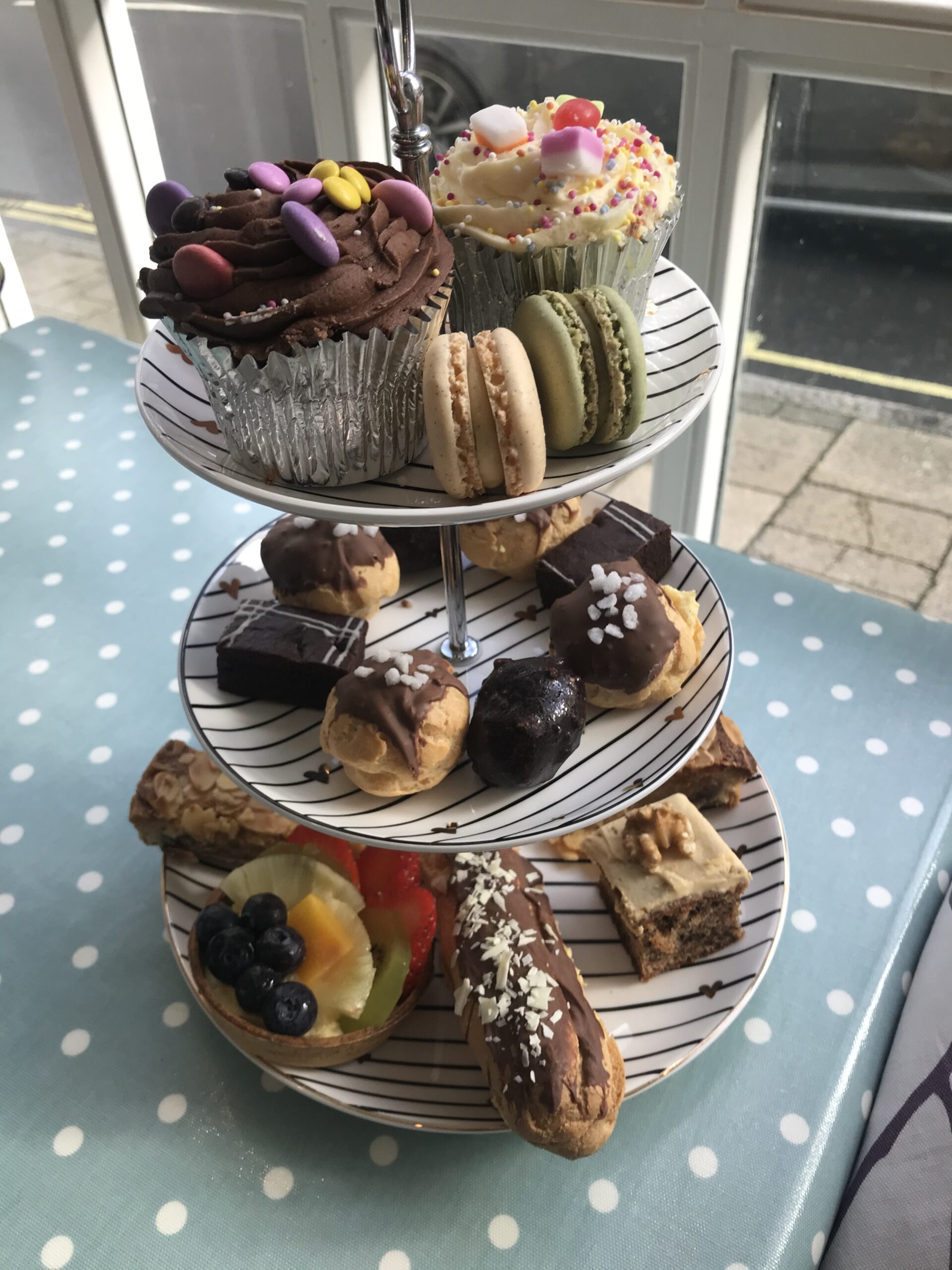 Tier of plates with a variety of desserts